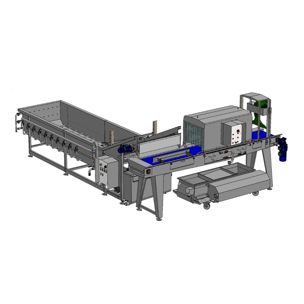 Washing tank for discharge with washing tunnel with nozzles and air blade drying